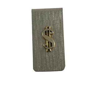 Vintage Metal Silver Tone Dollar Sign Money Clip Textured 2" X 1"